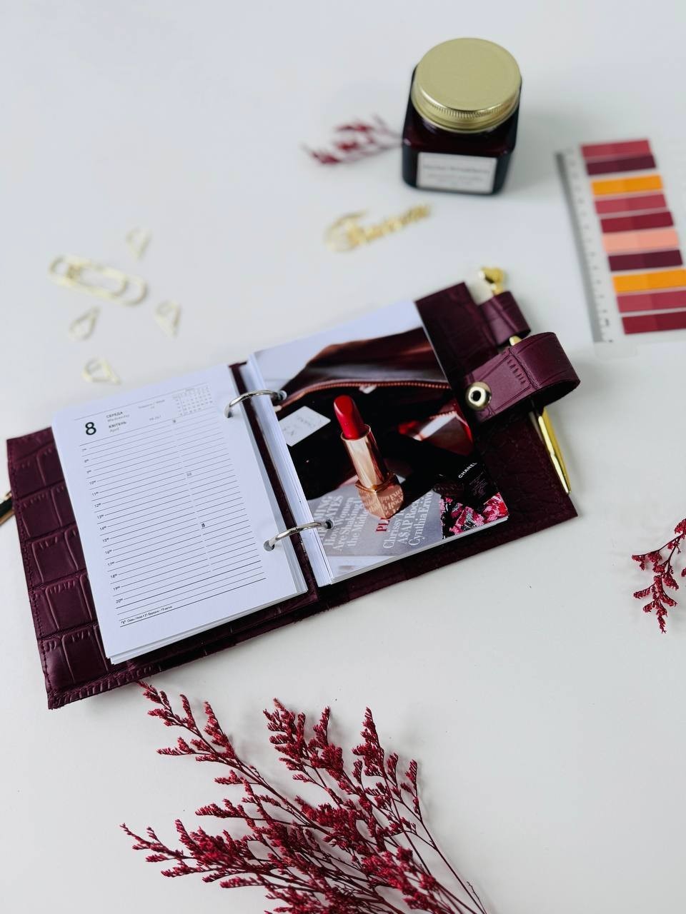 Burgundy leather notebook-wallet cover A7 Big rings mini wallet. Mini Planner.