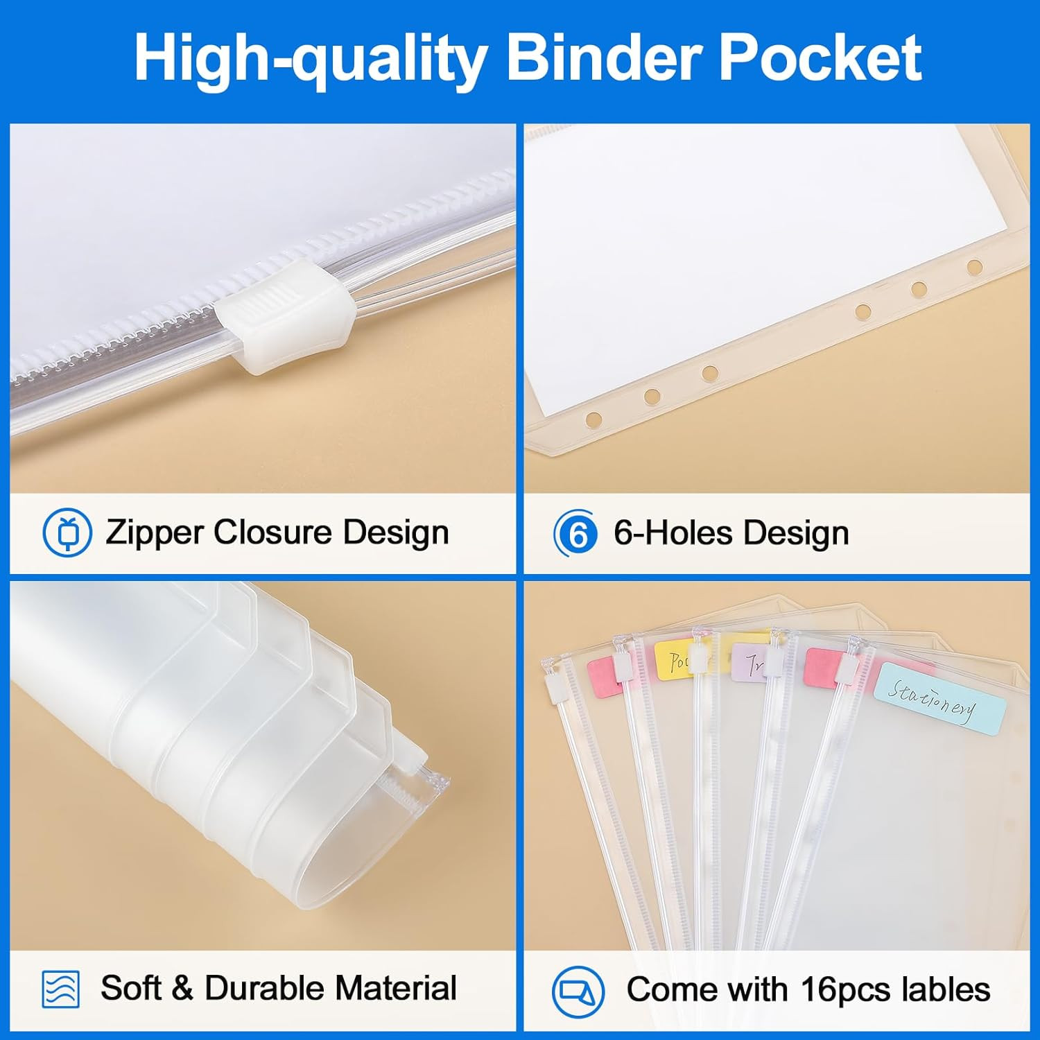 16PCS A6 Binder Pockets 6 Holes Cash Envelopes for Budgeting, Clear Zipper Pouch