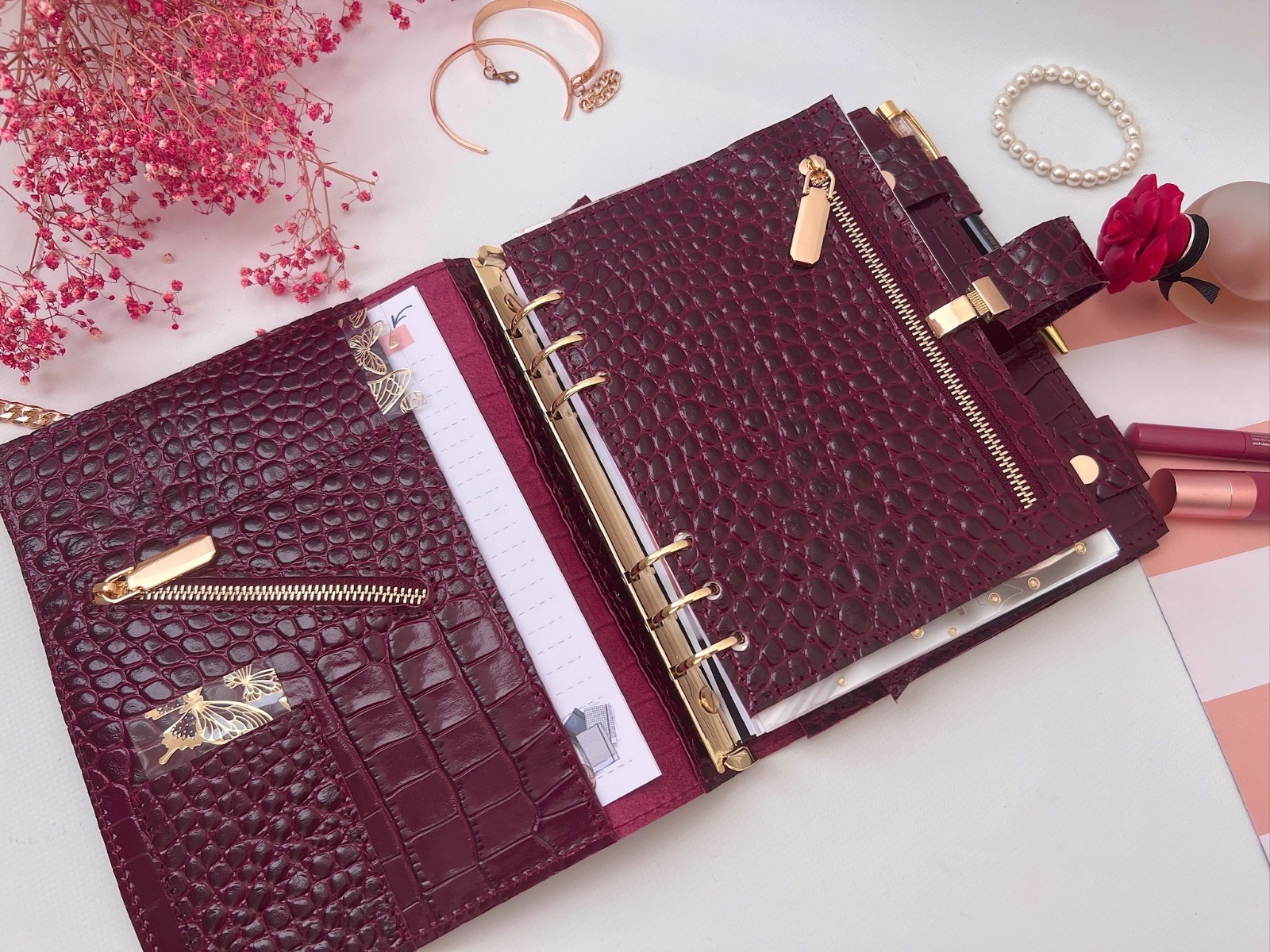 Burgundy Leather notebook cover A5 big binder 6 rings. Dated 2026 Planner.