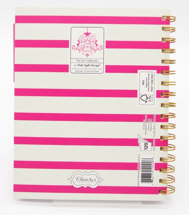 Class Act SET SAIL Nautical Pink White Seahorse Spiral Notebook Journal 120p New