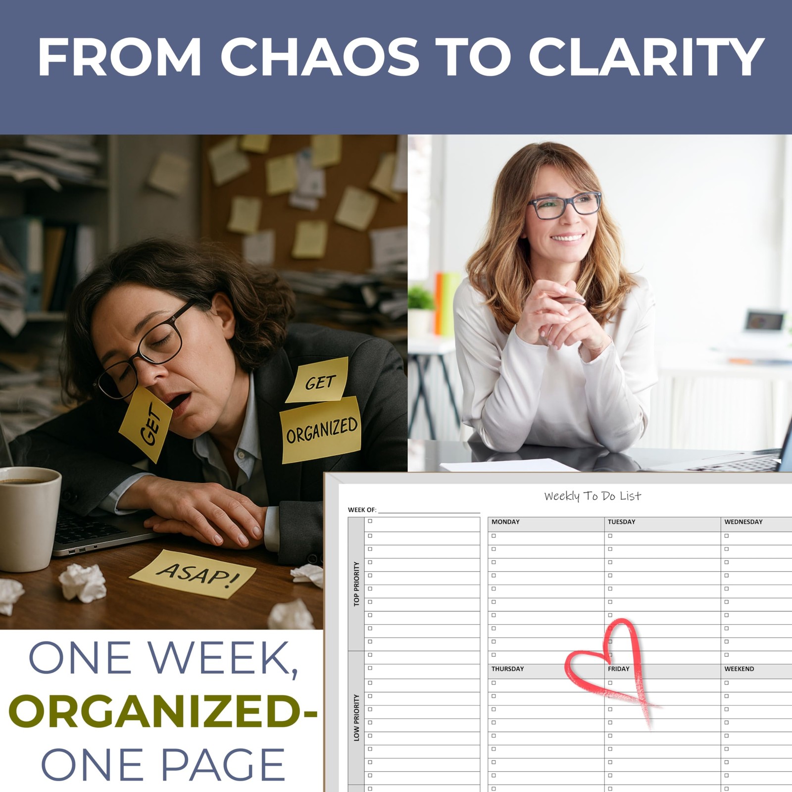 Life Charge Weekly Planner Notepad Letter Size (1 Pack), Black Grey and White