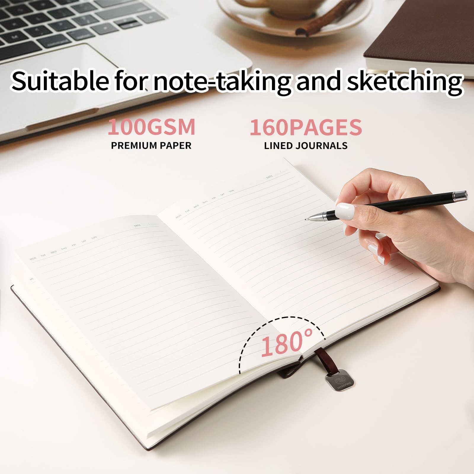 Wisefine Lined Journal Notebook for Women A5 Softcover PU Leather 1pack-Pink