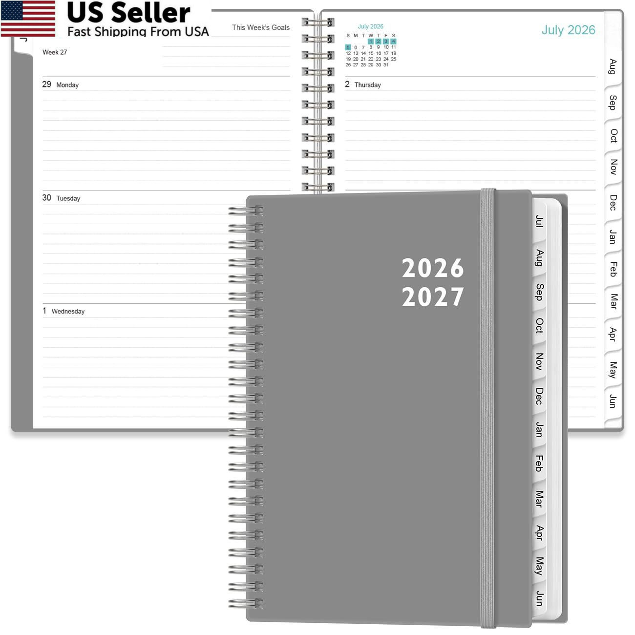 2026-2027 Planner – Weekly and Monthly Calendar 6.4″ x 8.5″, Grey-C