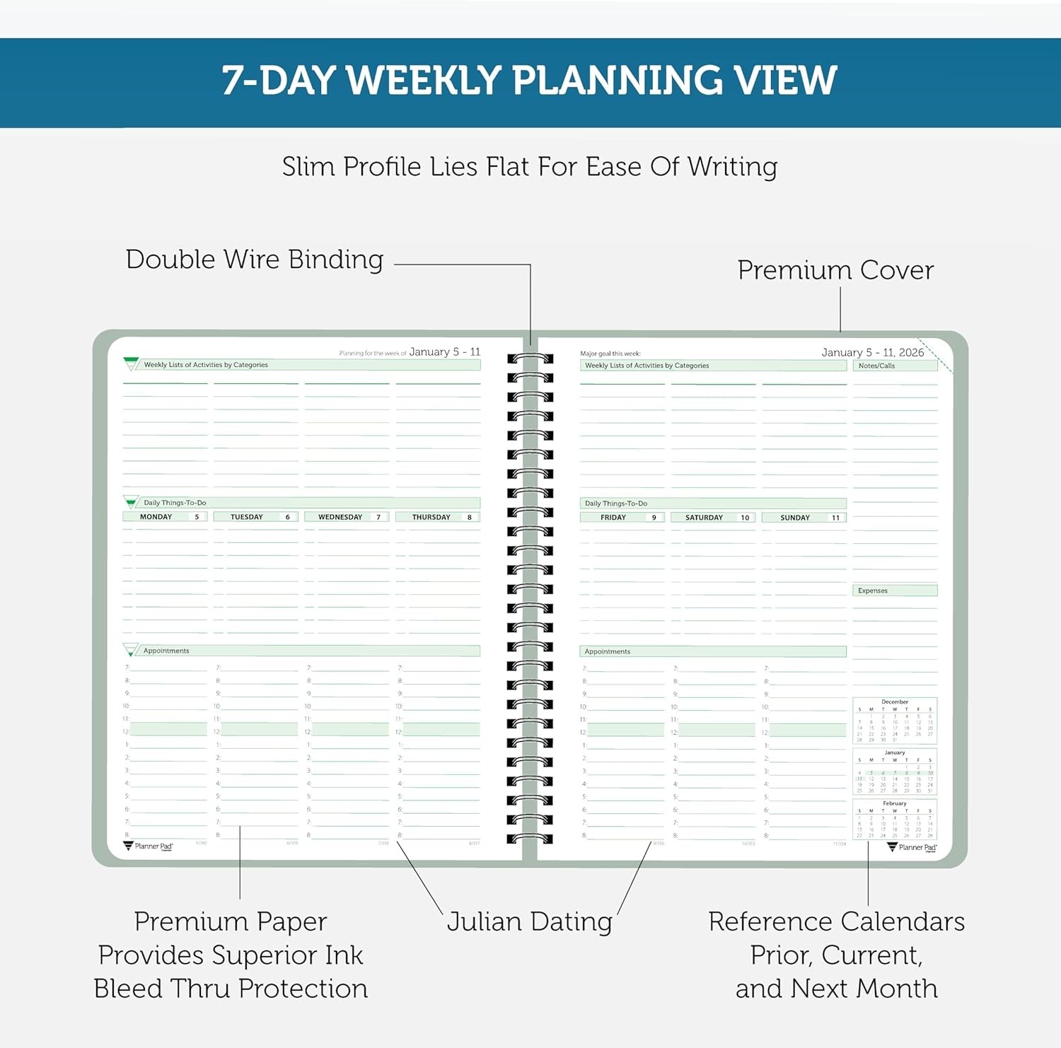 2026 Organizer Spiral Bound Calendar 12 Weekly Plan Green Grey