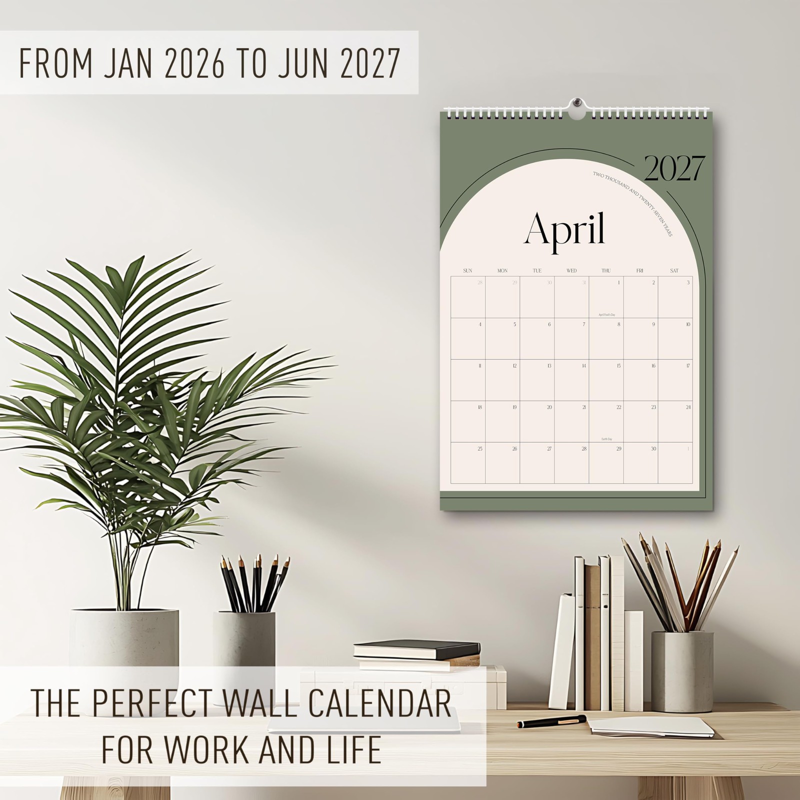 Aesthetic 2026-2027 Wall Calendar – 18 Jan 2026-Jun 2027, Green Vertical
