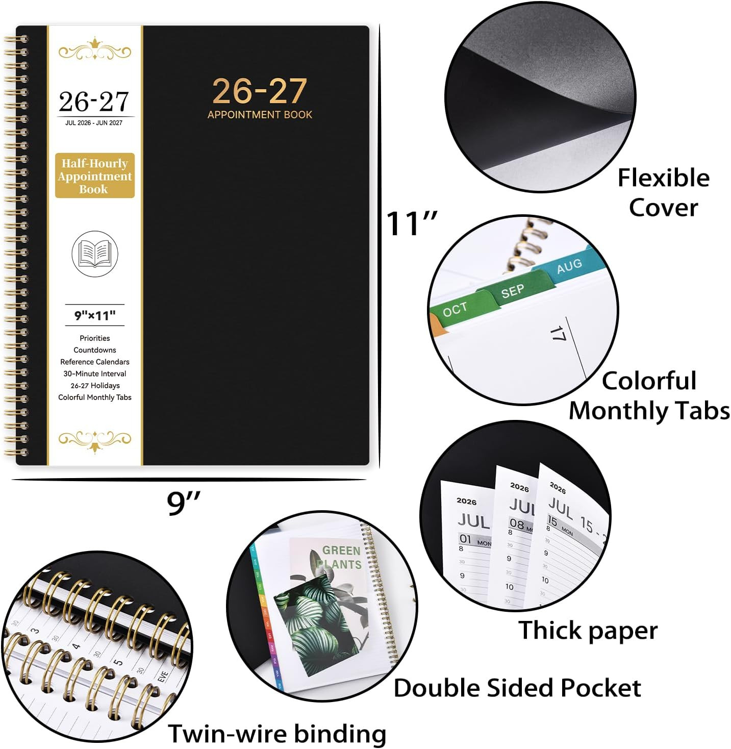 2026-2027 Appointment Book Planner 9×11 Daily Hourly Weekly Monthly Black
