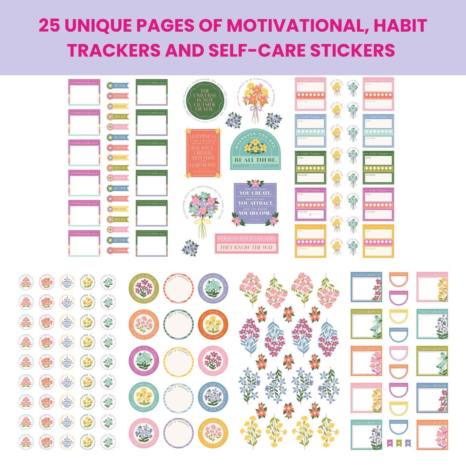 Wellness Sticker Book for Planners — 25 Sheets, 550+ Size: 9.5″ x 5.5″, Pink