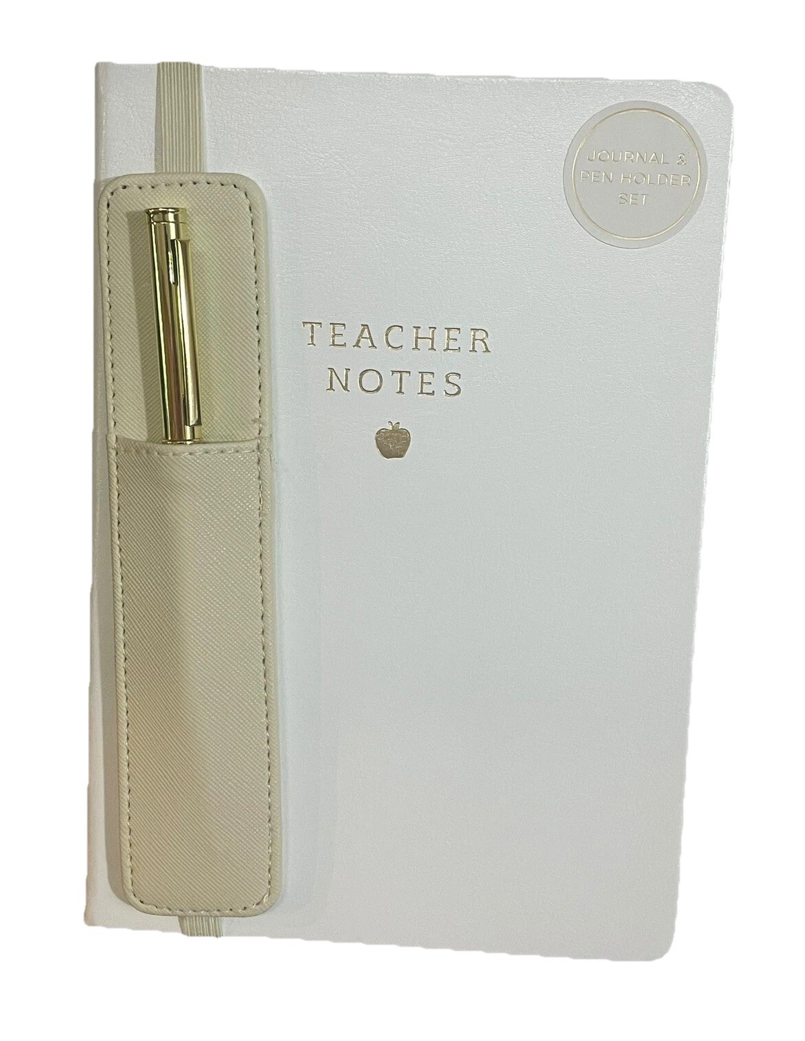 Eccolo Teacher Notes Journal & Pen Holder Set White Gold Faux Leather Notebook