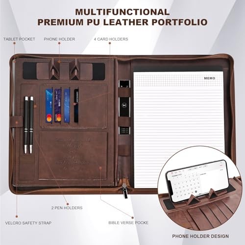 Men’s Leather Portfolio with Laptop Pocket, Zippered Padfolio Binder, Business O