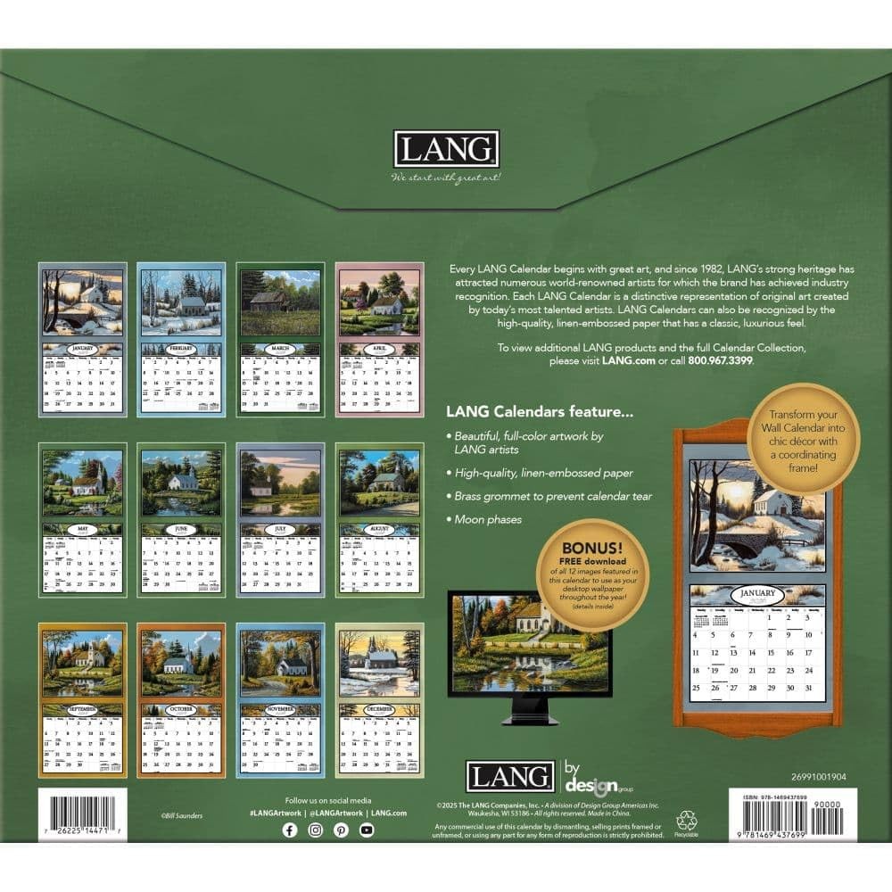 Lang, Country Churches 2026 Wall Calendar by Bill 12.5″W x 0.2″H, 2026