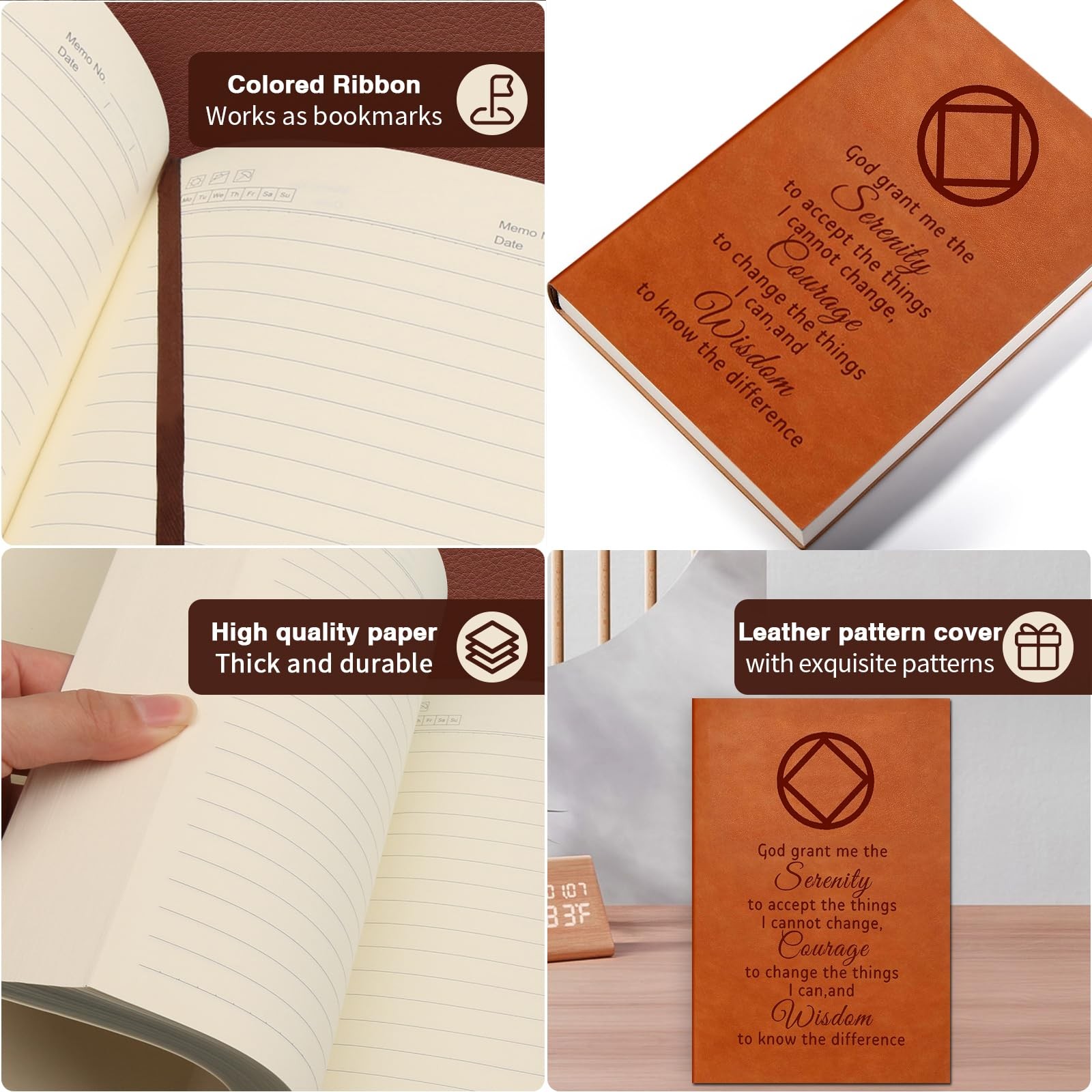 WHLBHG AA & NA Sobriety Leather Notebook 8.2 inches, God grant me-NA