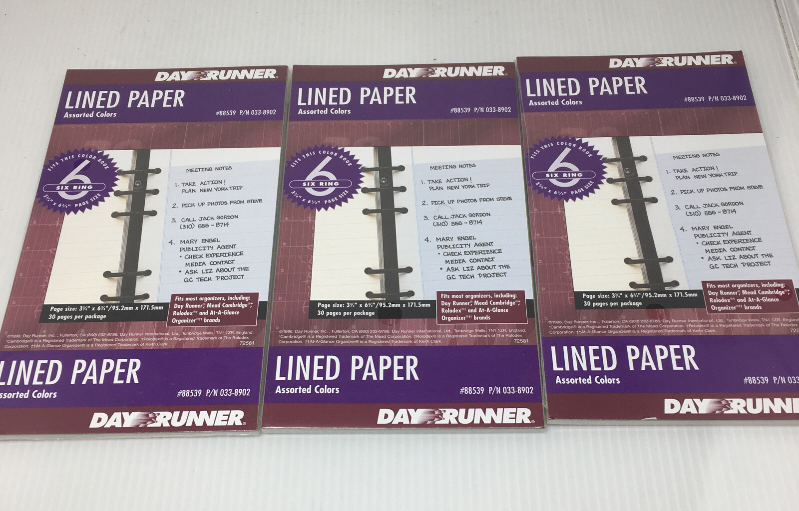 Day Runner #88539 Lined Paper- Assorted Colors 3 3/4 x 6 3/4,fits 6 ring -3 Pack