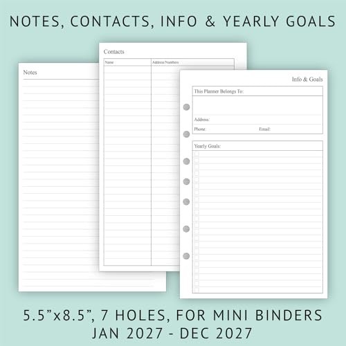 2027 Weekly Monthly Planner Refill 5.5×8.5 Half Letter 7-Hole Mini Binder Jan