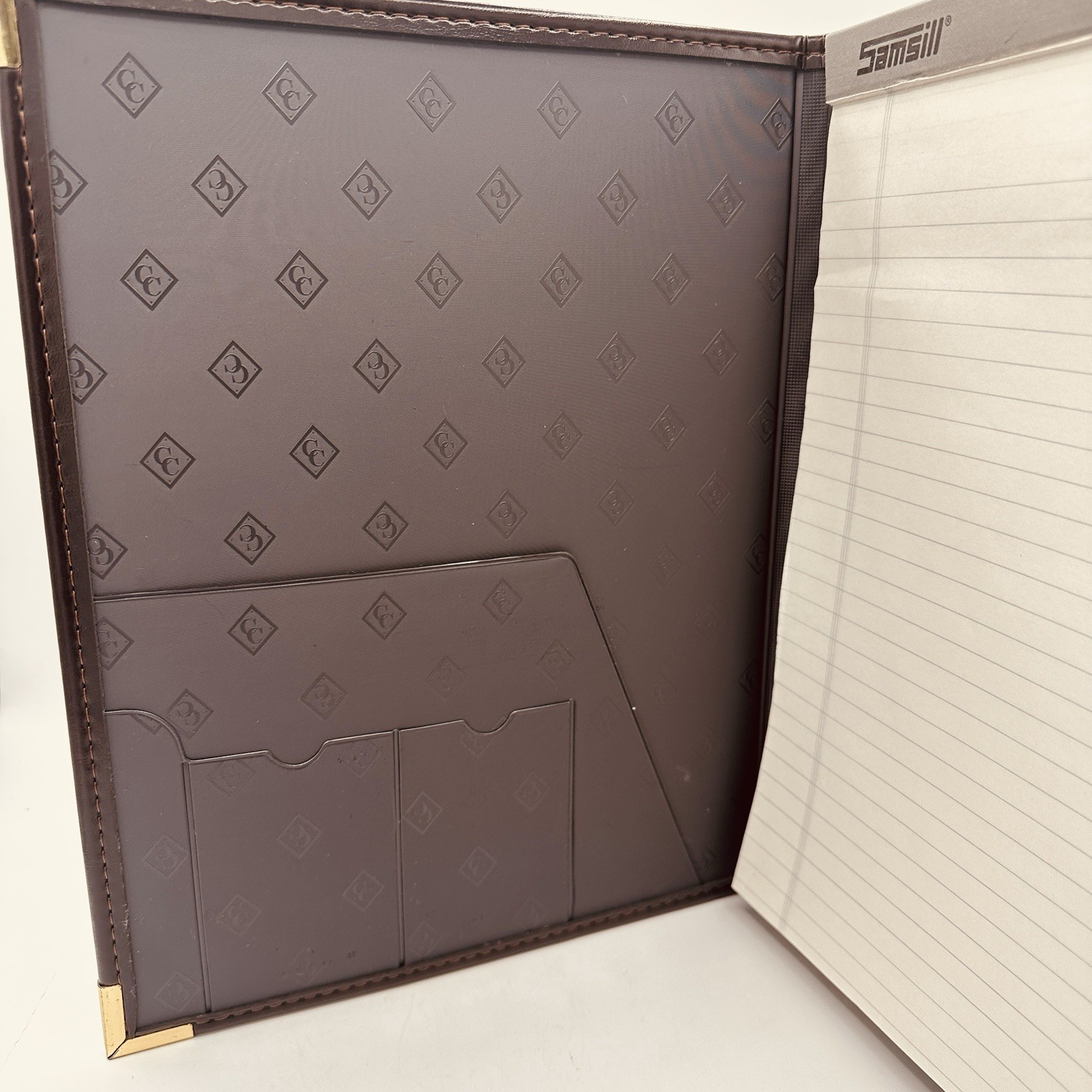 Samsill Leather Padfolio Portfolio Brown Gold Corners Pockets 9.5×12 USA 7001