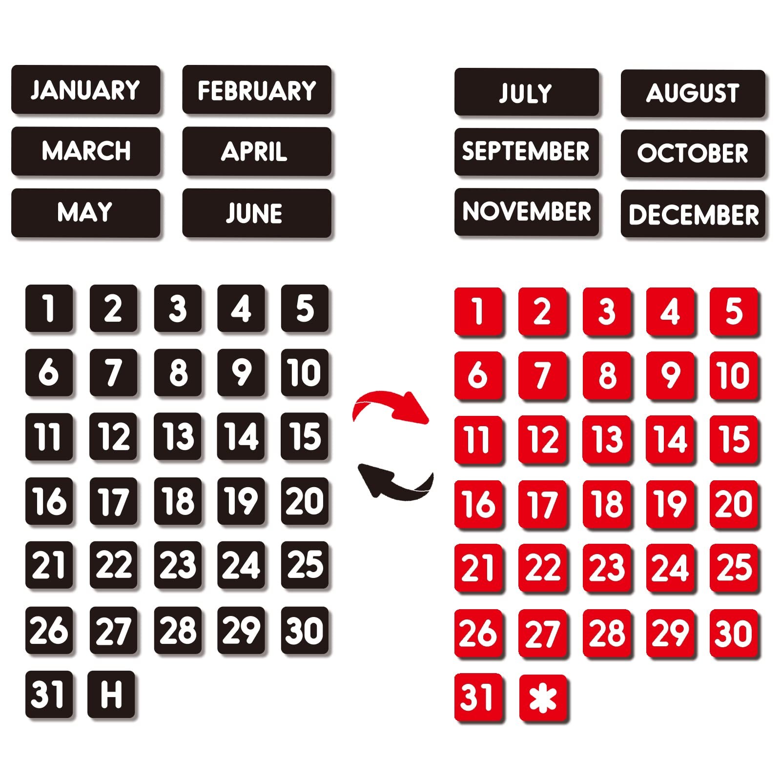 Double-Sided Magnetic Numbers and Months size 0.55″x0.55″, Black-red