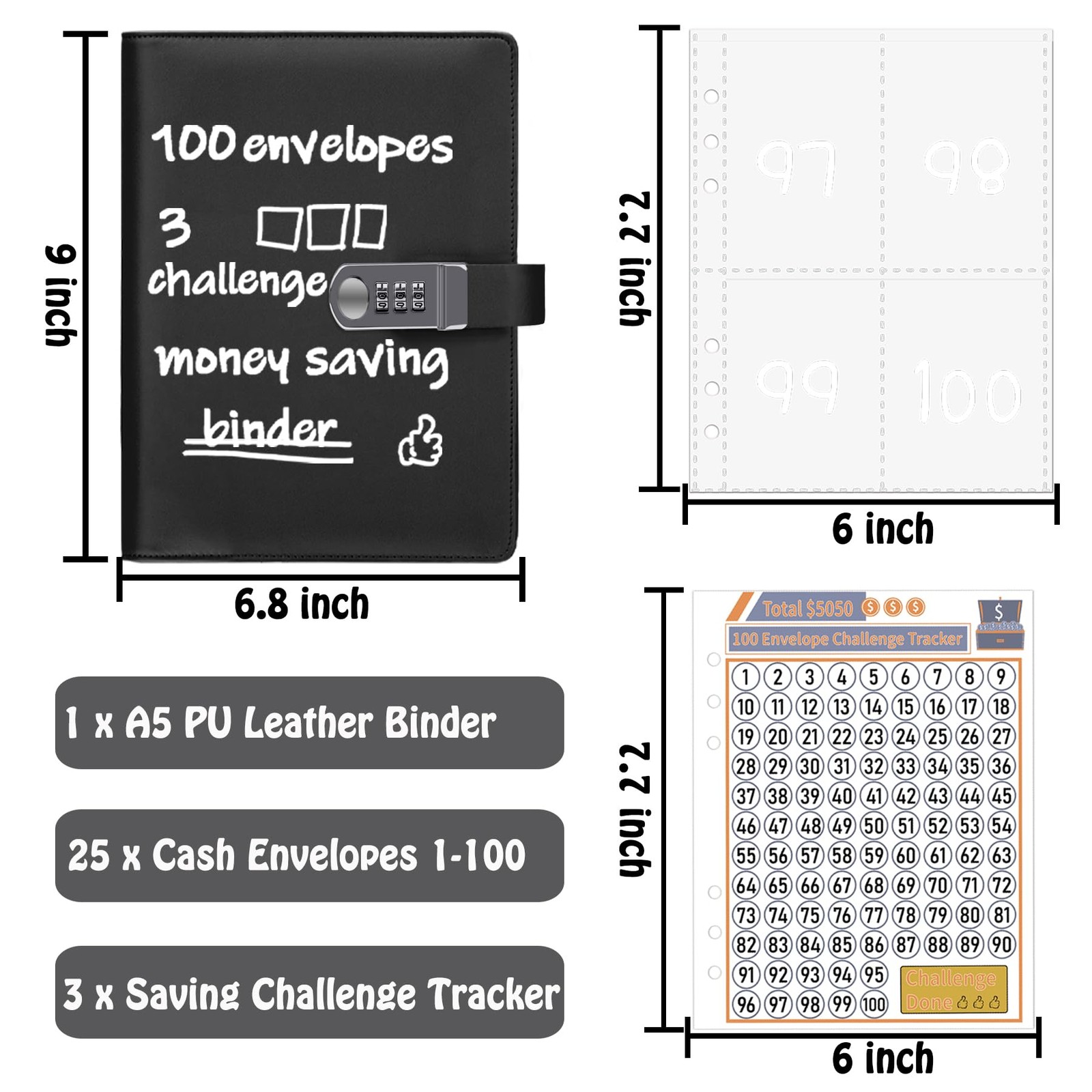 100 Envelopes Money Saving Challenge Binder with Lock, A5 Savings Binder Chal…