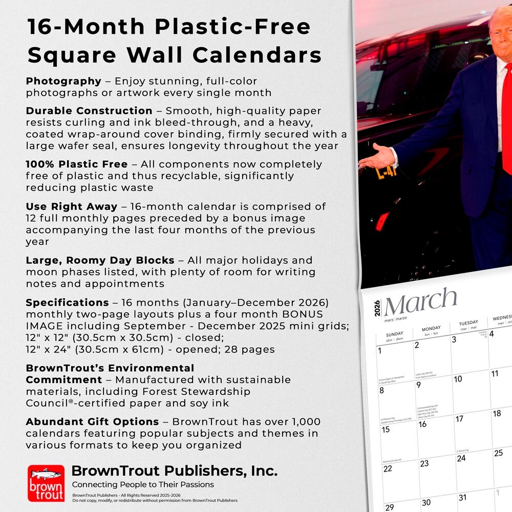 President Donald J. Trump | 2026 12×24″ Square Wall Calendar | Plastic-Free