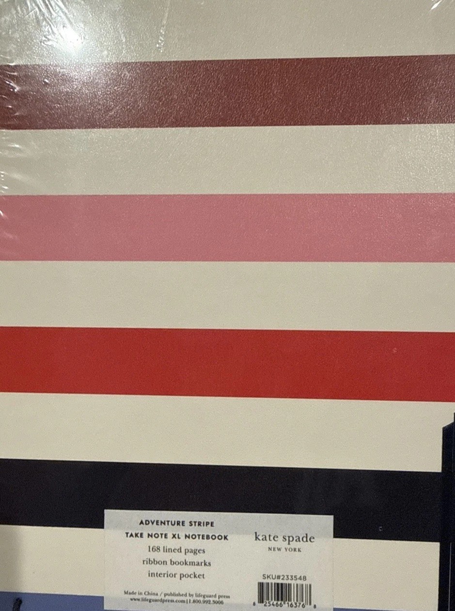 Kate Spade ADVENTURE STRIPE TAKE NOTE XL NOTEBOOK 168 Lined Pages/Ribbon/Pocket