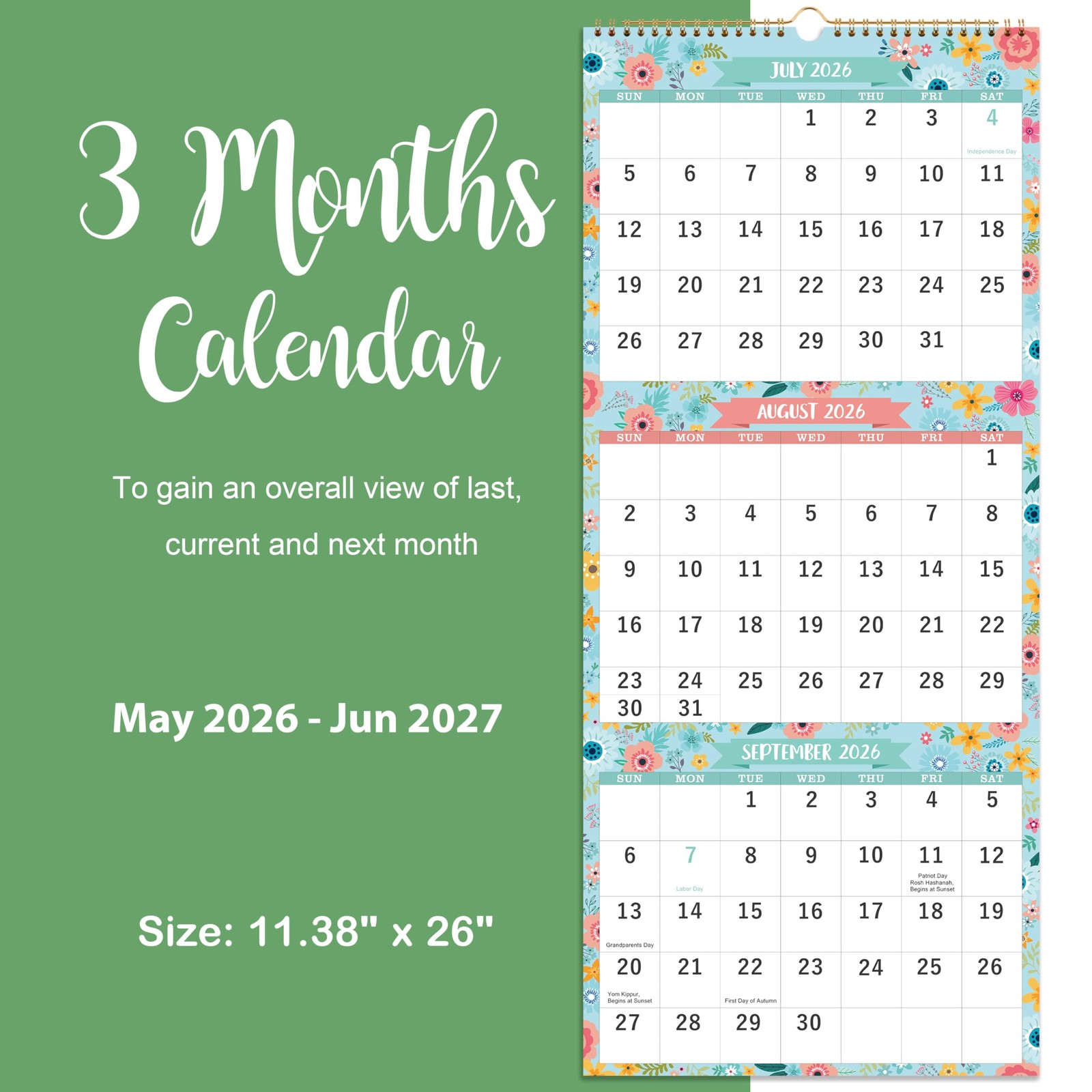 Calendar 2026-2027 – MAY 2026 – JUNE 2027, 3 Month Display Black