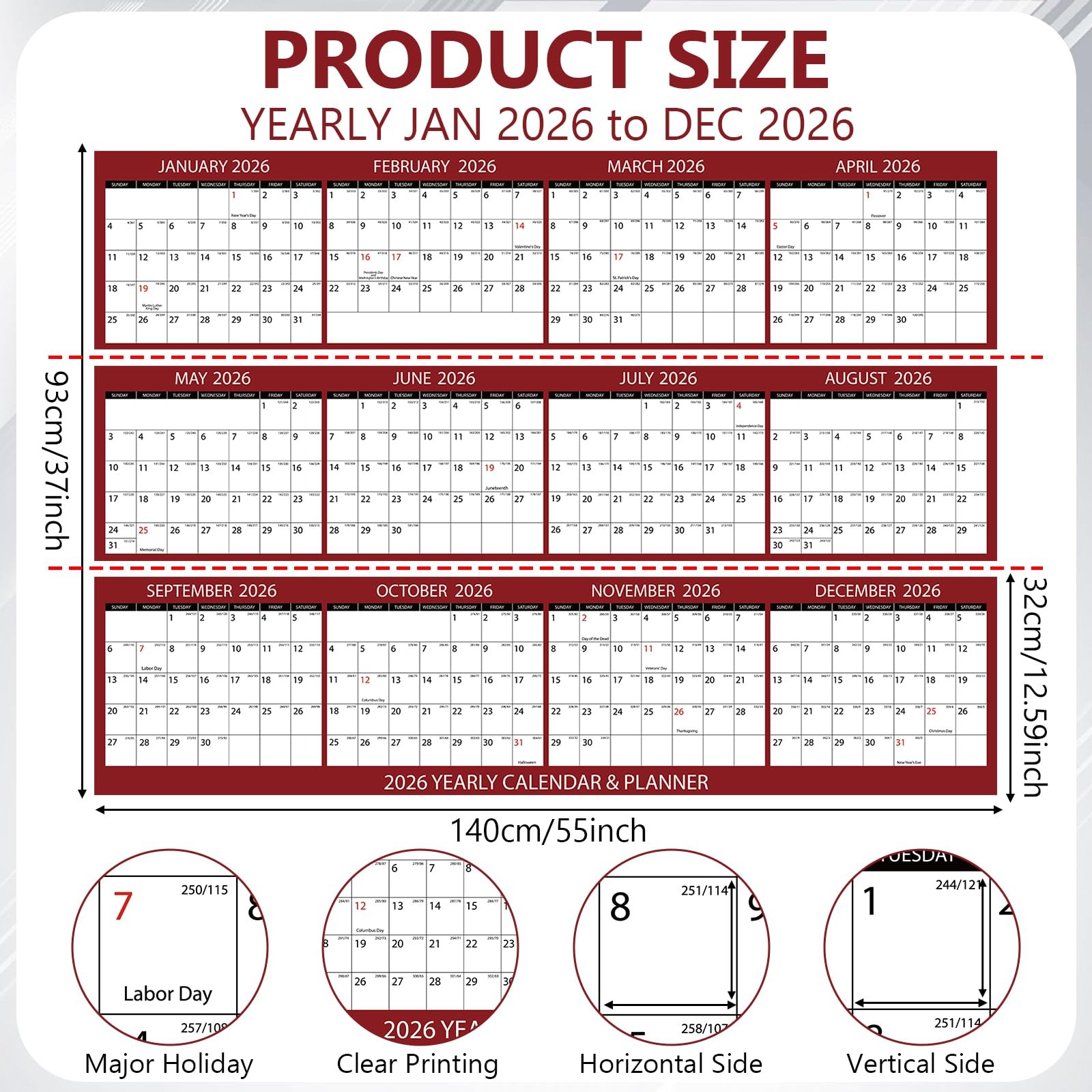 gisgfim 55 x 37in Big Assed Calendar 2026 Wall Ass Large Size Red
