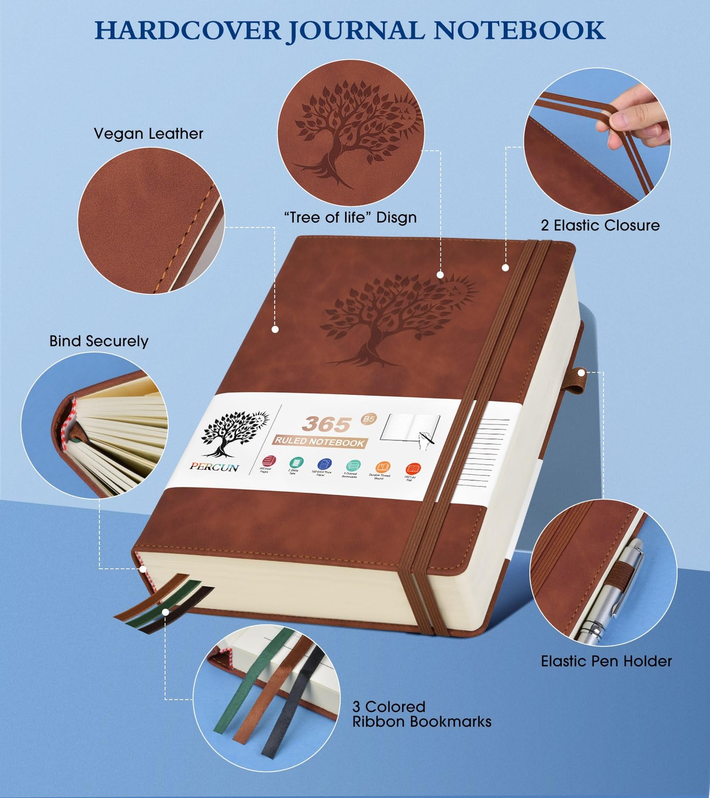 PERCUN B5 Lined Journal Notebook – 365 Page Large Leather Journals B5, Brown