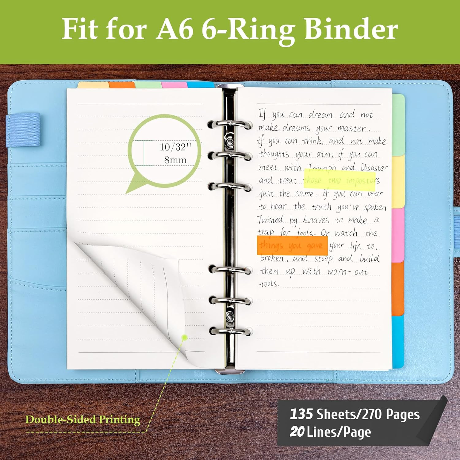 Antner A6 Refill Paper Planner Inserts for A6 6 Ring Notebook Binder, 135 Sheets