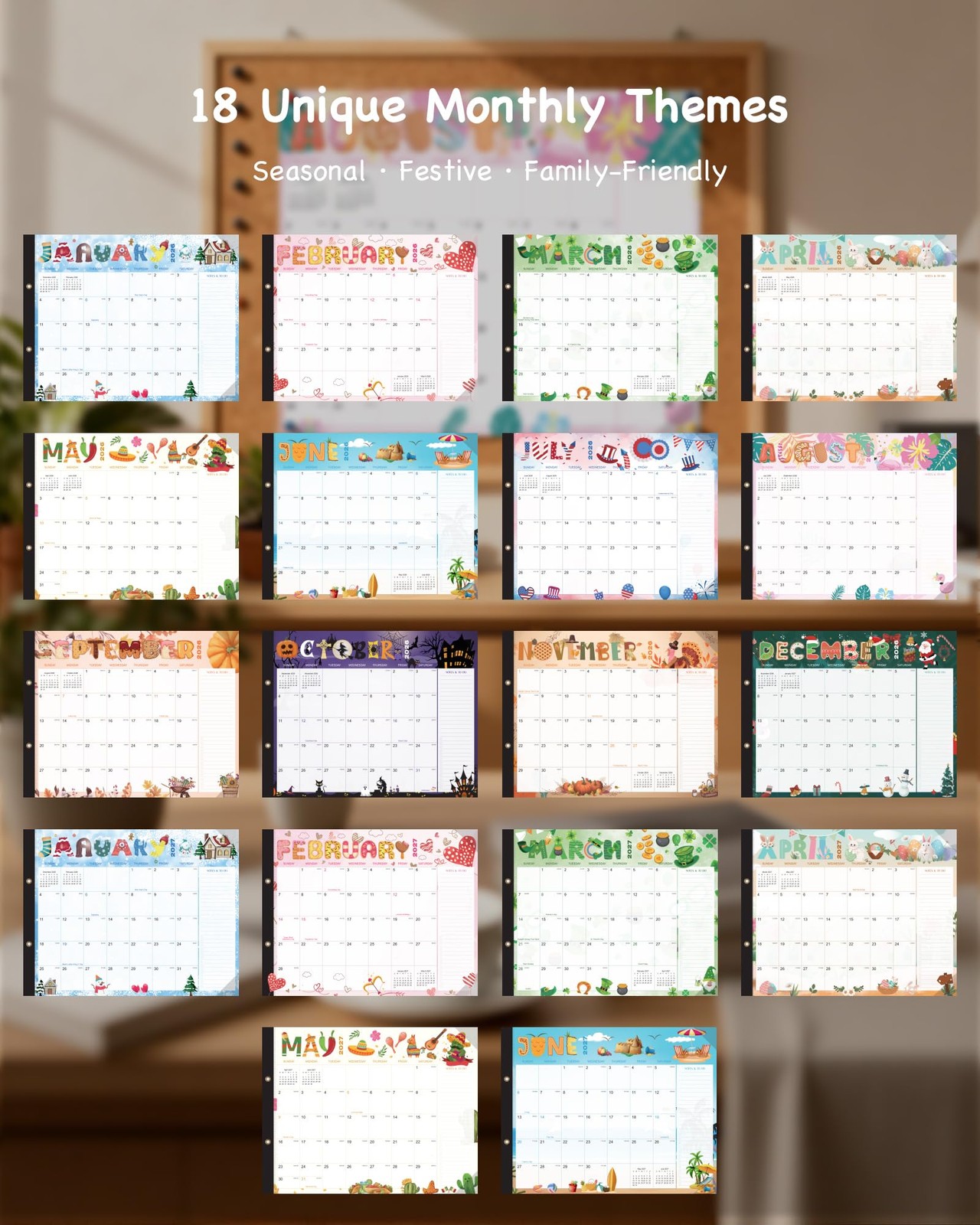 2026-2027 Large Desk Calendar with Waterproof Plastic Cover 2026 18-month