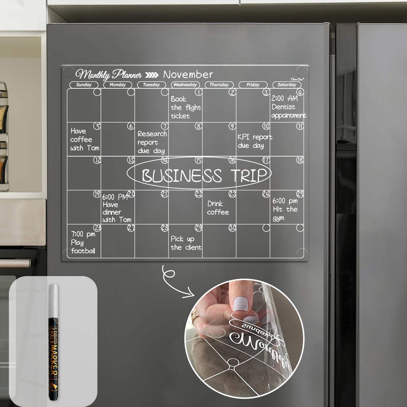 Clear Non-Magnetic Monthly Calendar for Fridge – Dry Erase Transparent