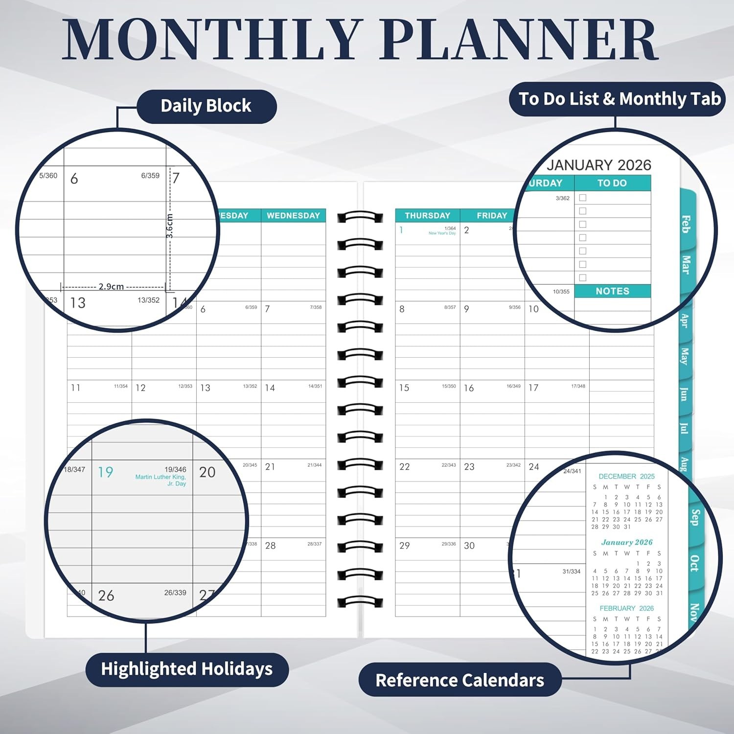 Classic Black 2026-2027 Monthly Planner – 2 Agenda with Twin-Wire Binding