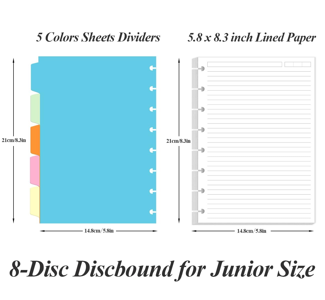 Junior Size Lined Paper Refills 100 Sheets 8-Disc 5 Dividers 5.8×8.5 Inch