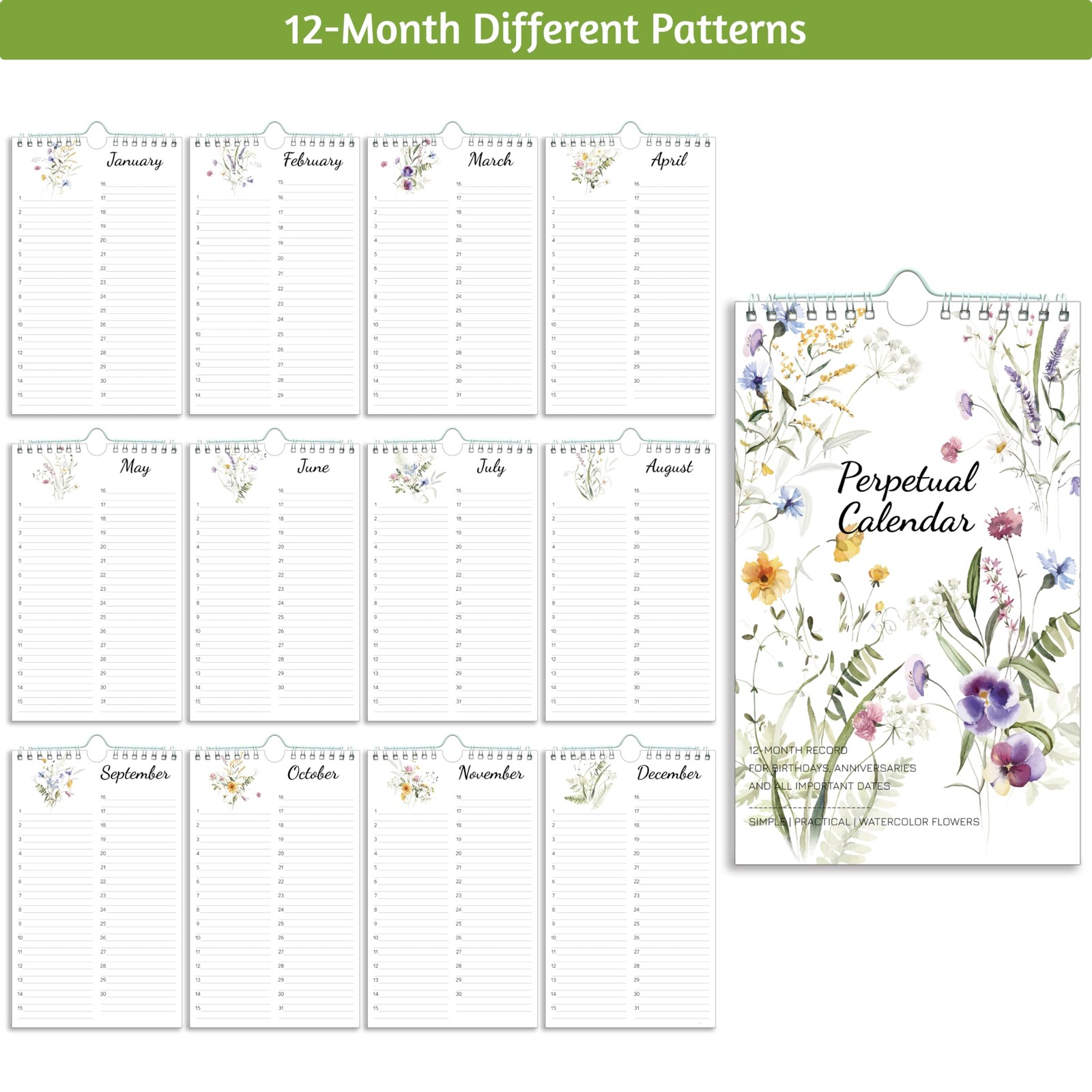 Perpetual Calendar – Undated 12-Month for Birthday, multicolored