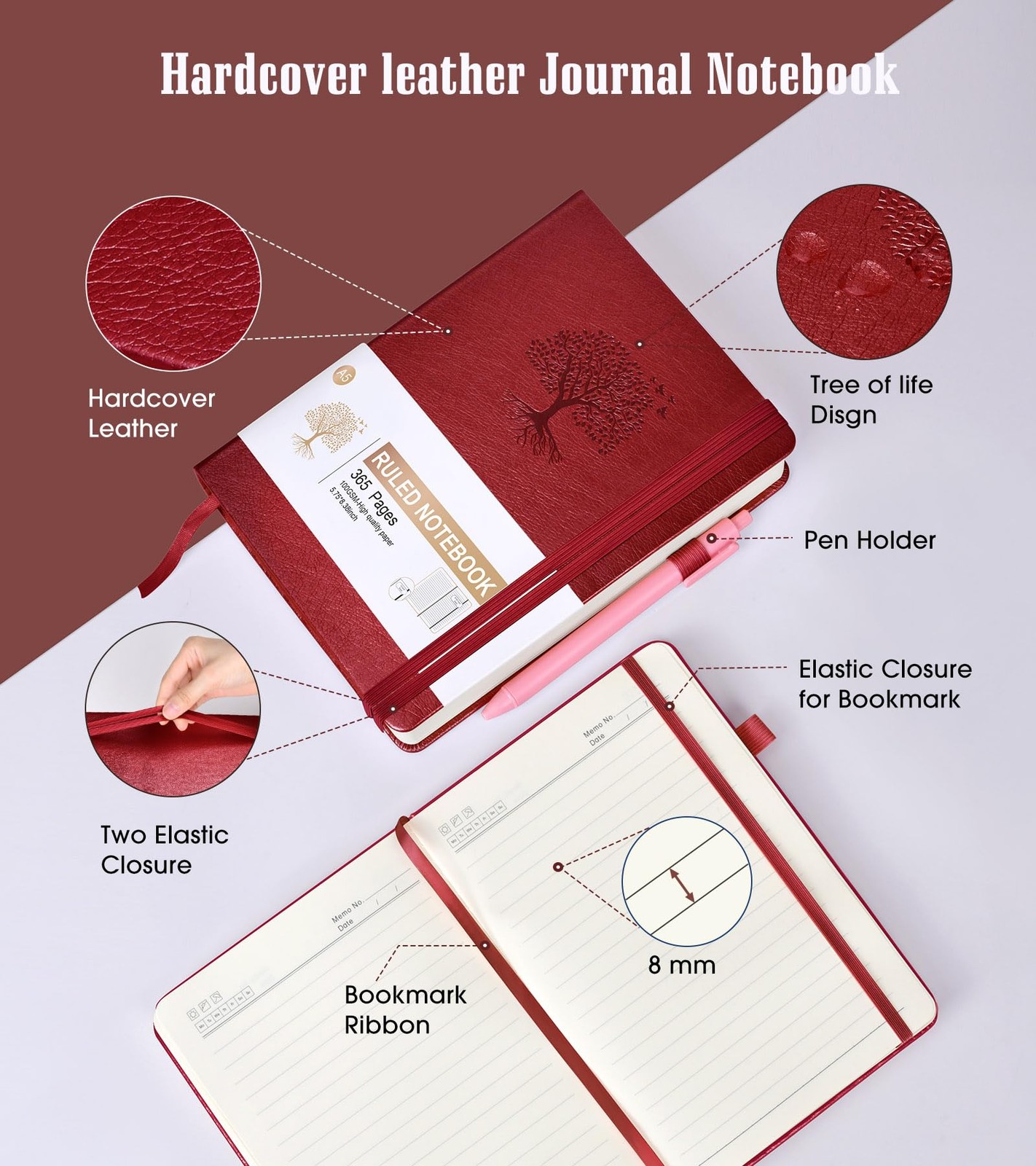 Lined Journal Notebook -365 Pages A5 Thick Journals for Lined, Wine
