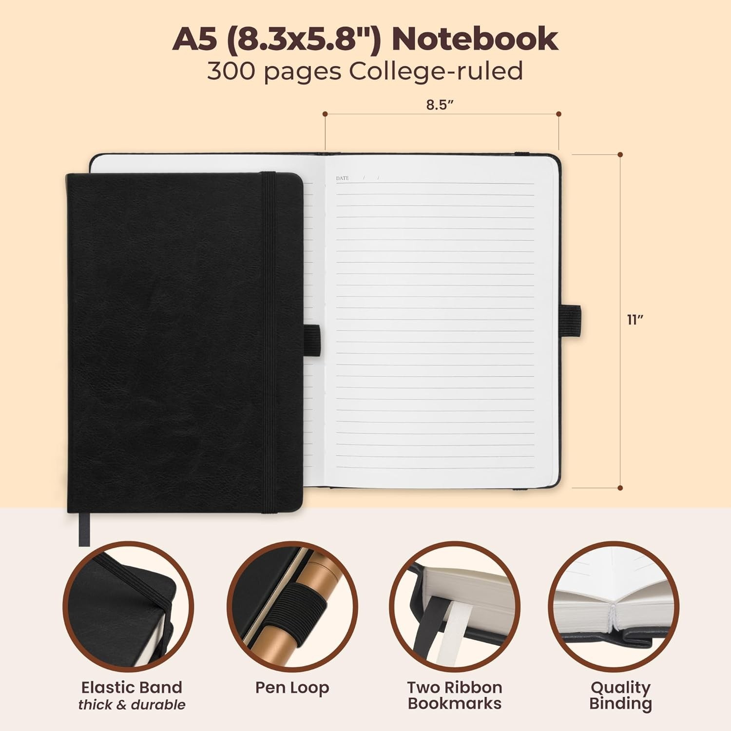 Lined Leather Bound Journal Notebook, A5 Hardcover – Brown 5.8×8.3″ A5,