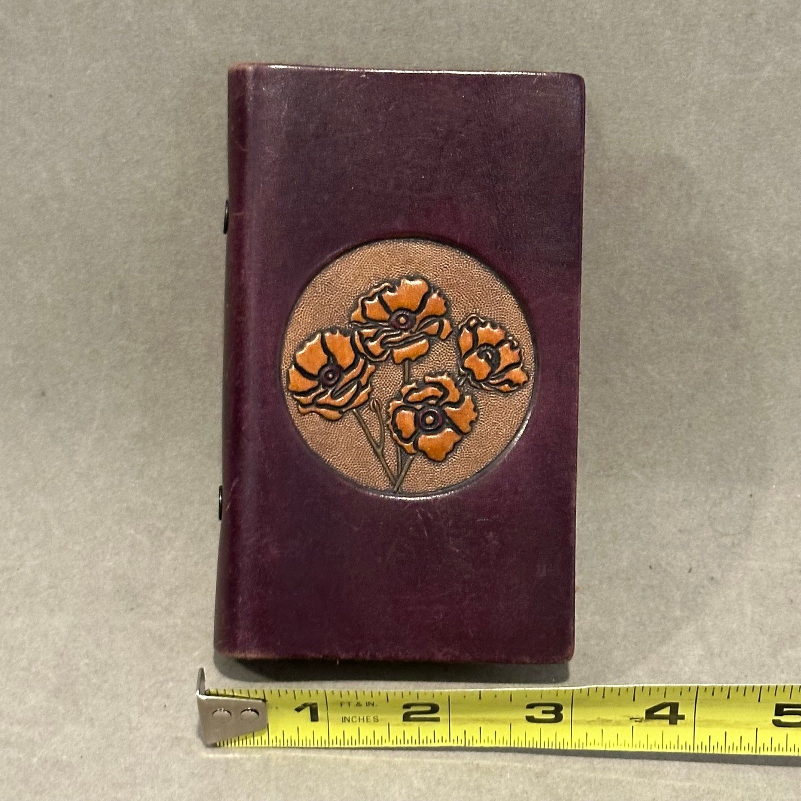 Vintage Tooled Leather Pocket Address Book Purple Poppy Floral Hand Crafted 5.5″