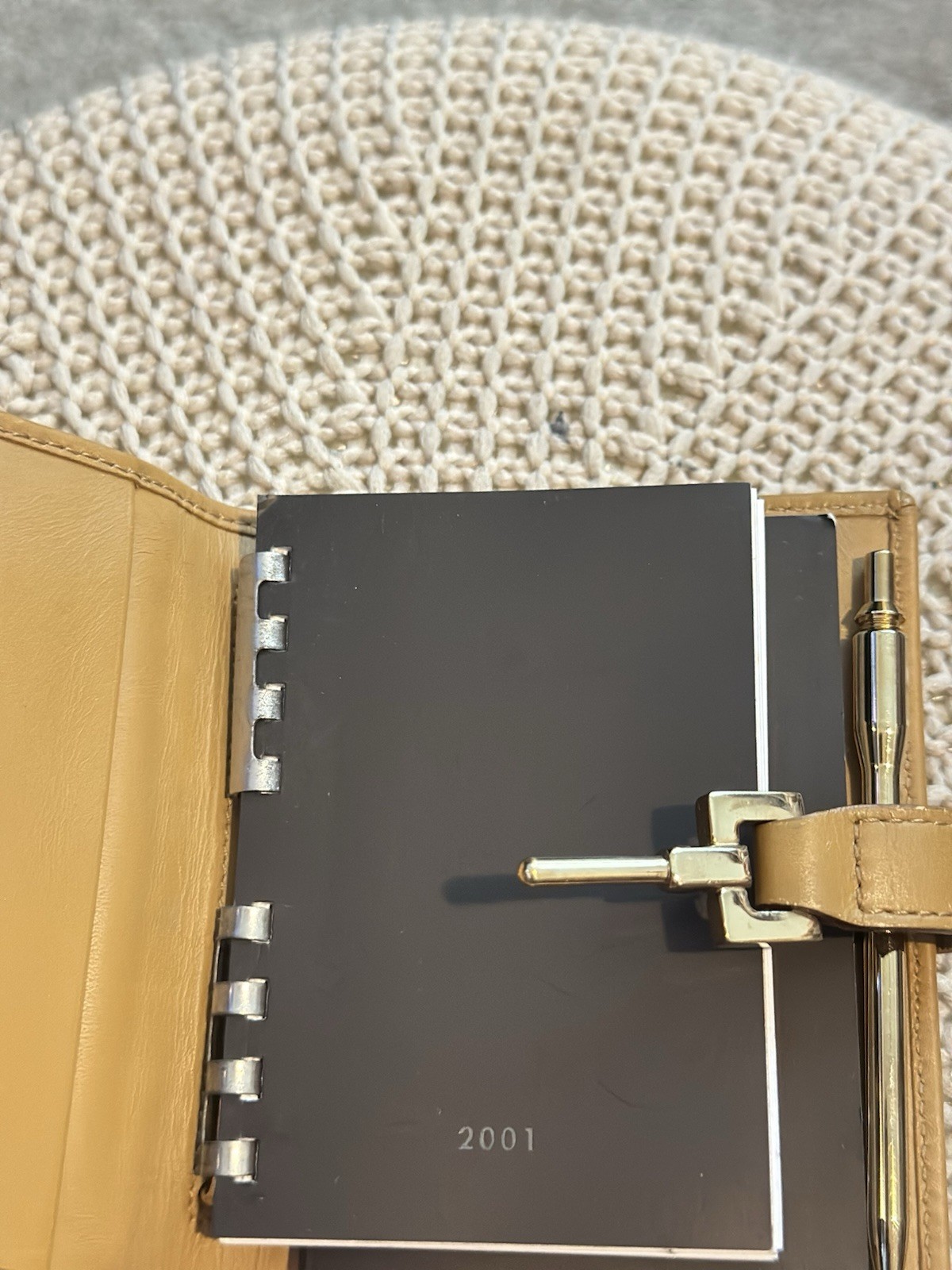 Authentic Pink Gucci Suede Agenda with Gold Hardware and Tan Leather Trim