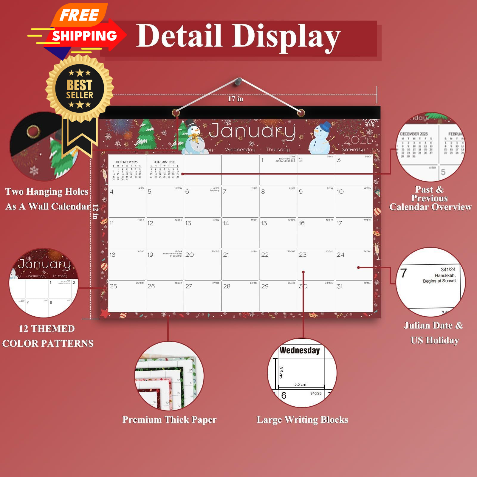 Ymumuda Desk Calendar 2026-2027 Wall 17×12″ – Calendar, H-Holiday