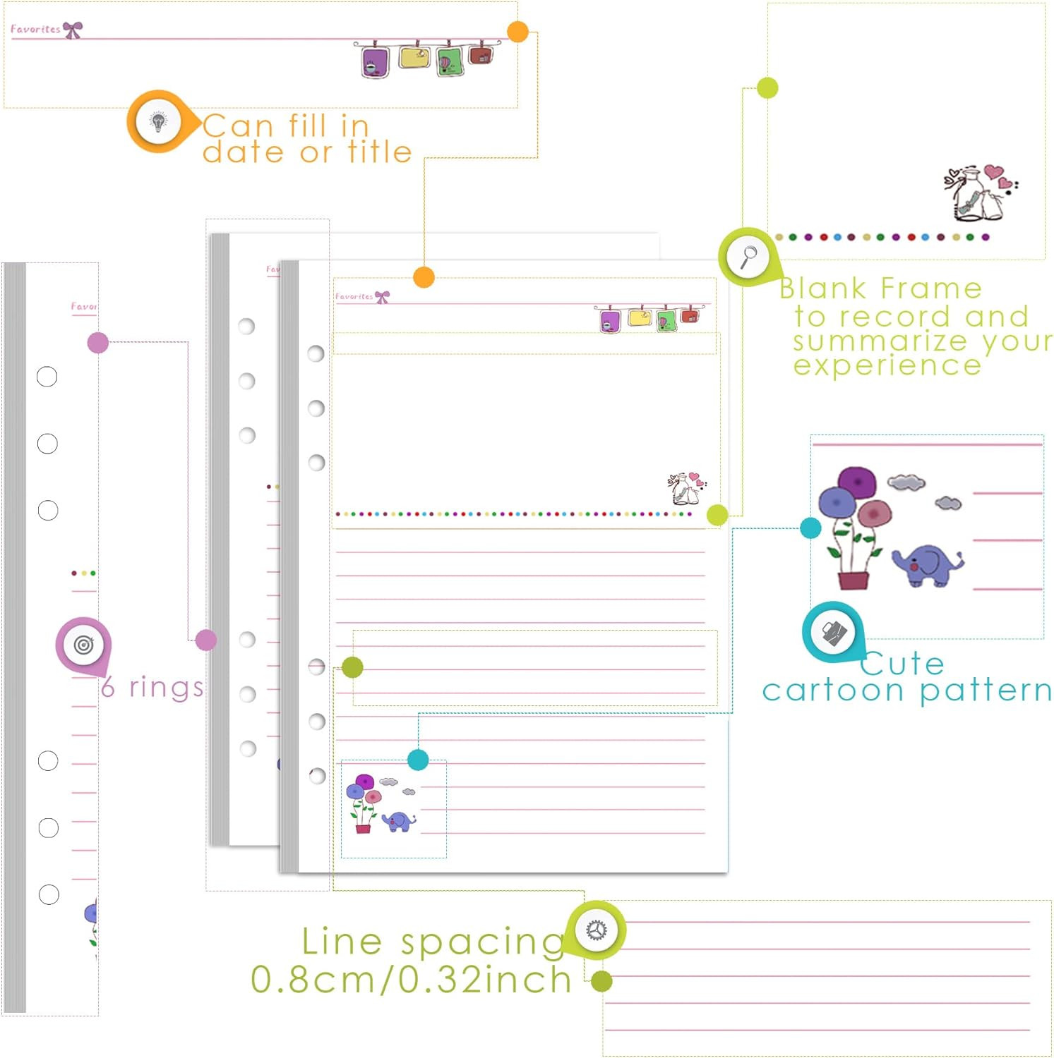 A5 Refill Line Paper, Colorful 6-Rings Binder Papers Refill, Notebook Inserts R