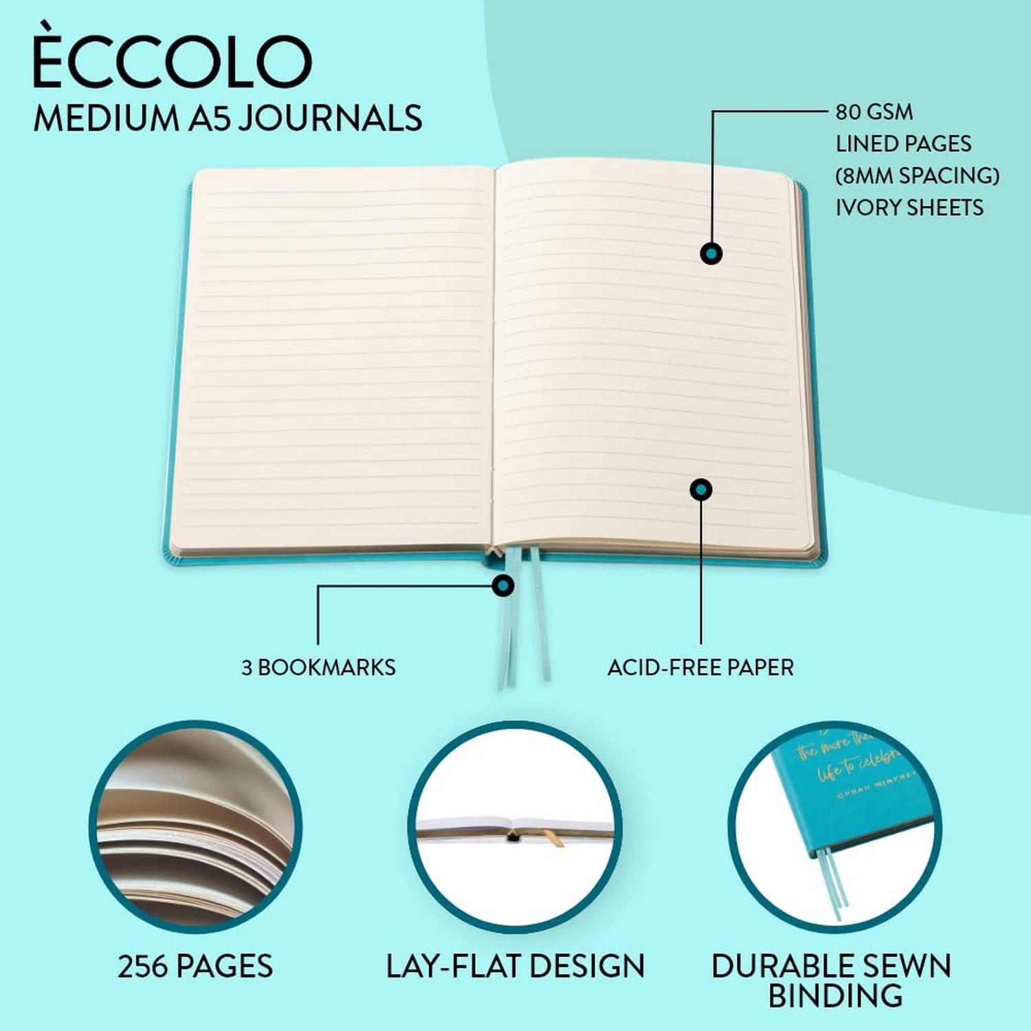 Eccolo Medium Lined Journal Notebook, Flexible Cover, A5 Writing Journal, 256…