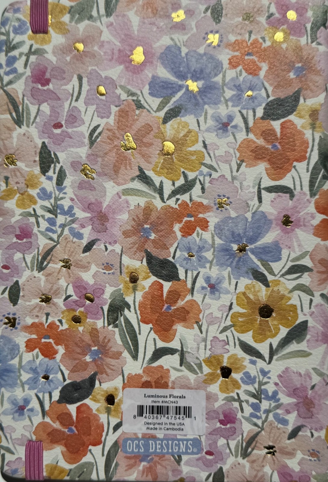 Soft Leatherette Pink Notebook Journal Golden Luminous Floral Elastic Closure
