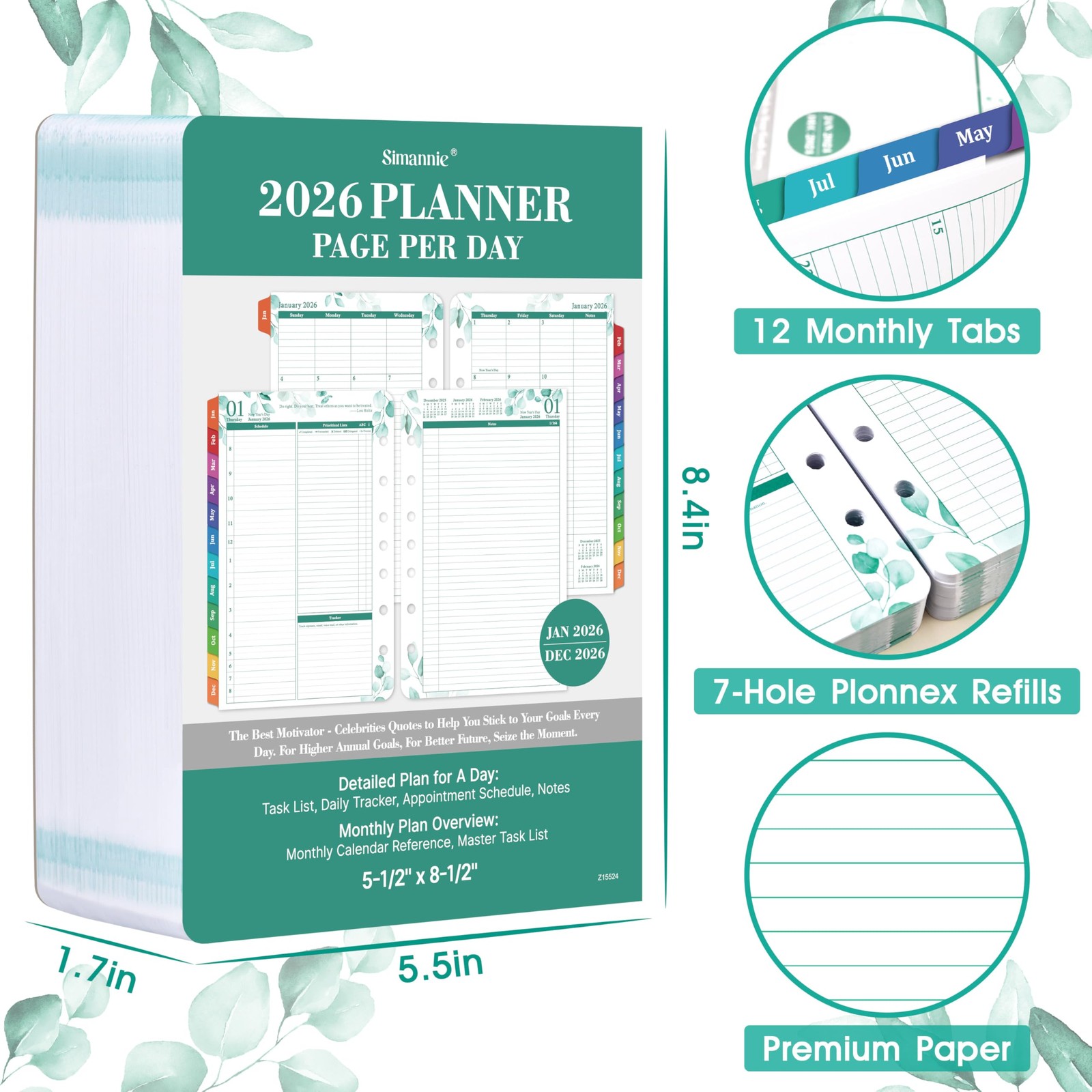2026 Planner Refills JAN 2026 – DEC 2026 Two Pages Per Day Ring-Bound Organizer