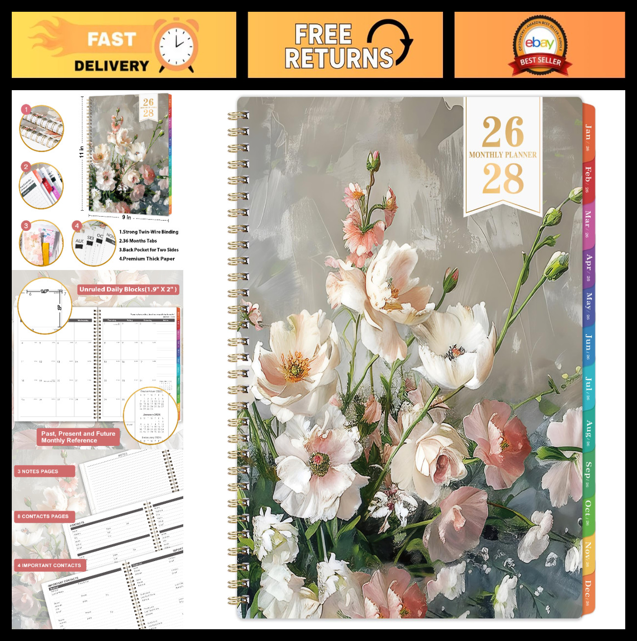 3-Year Monthly Planner 2026-2028, Calendar with Colorful Tabs & Inner Pocket, 8.