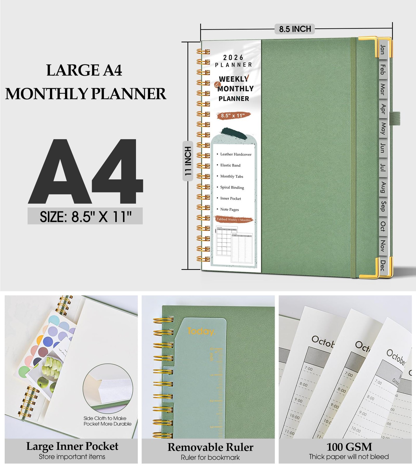 2026 Planner, Weekly and Monthly Calendar A4 (Jan 2026 – Dec 2026), Green