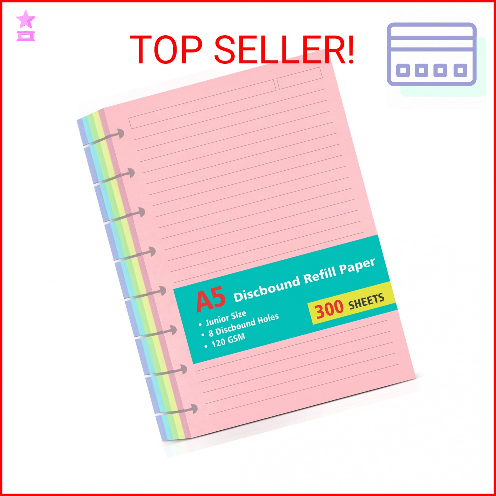Junior Size 8 Discs 120gsm Discbound Refill Paper, Discbound 5 Colorful Line Pap