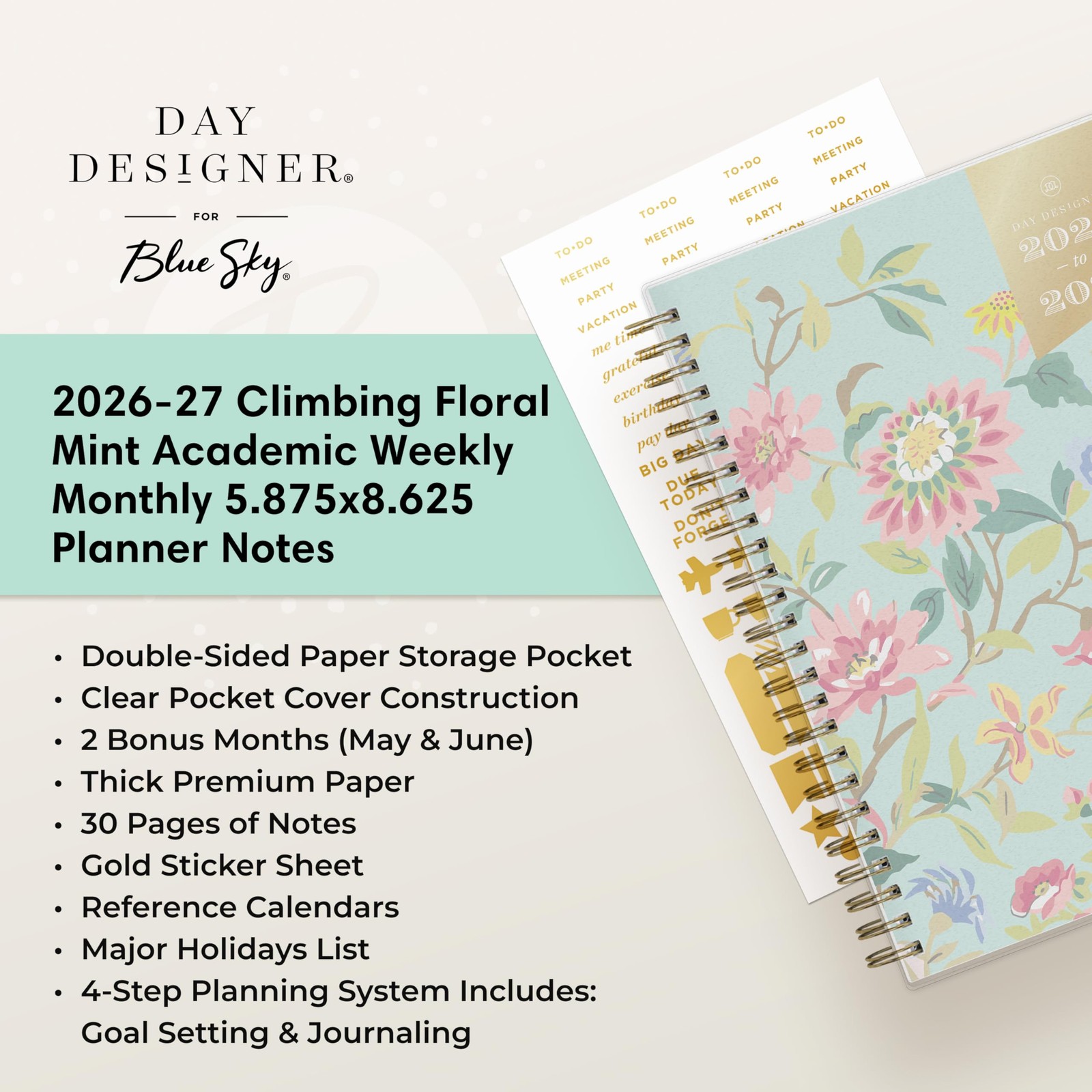 Blue Sky Day Designer 5.875″ x 8.625″, Climbing Floral Mint- 2026/2027