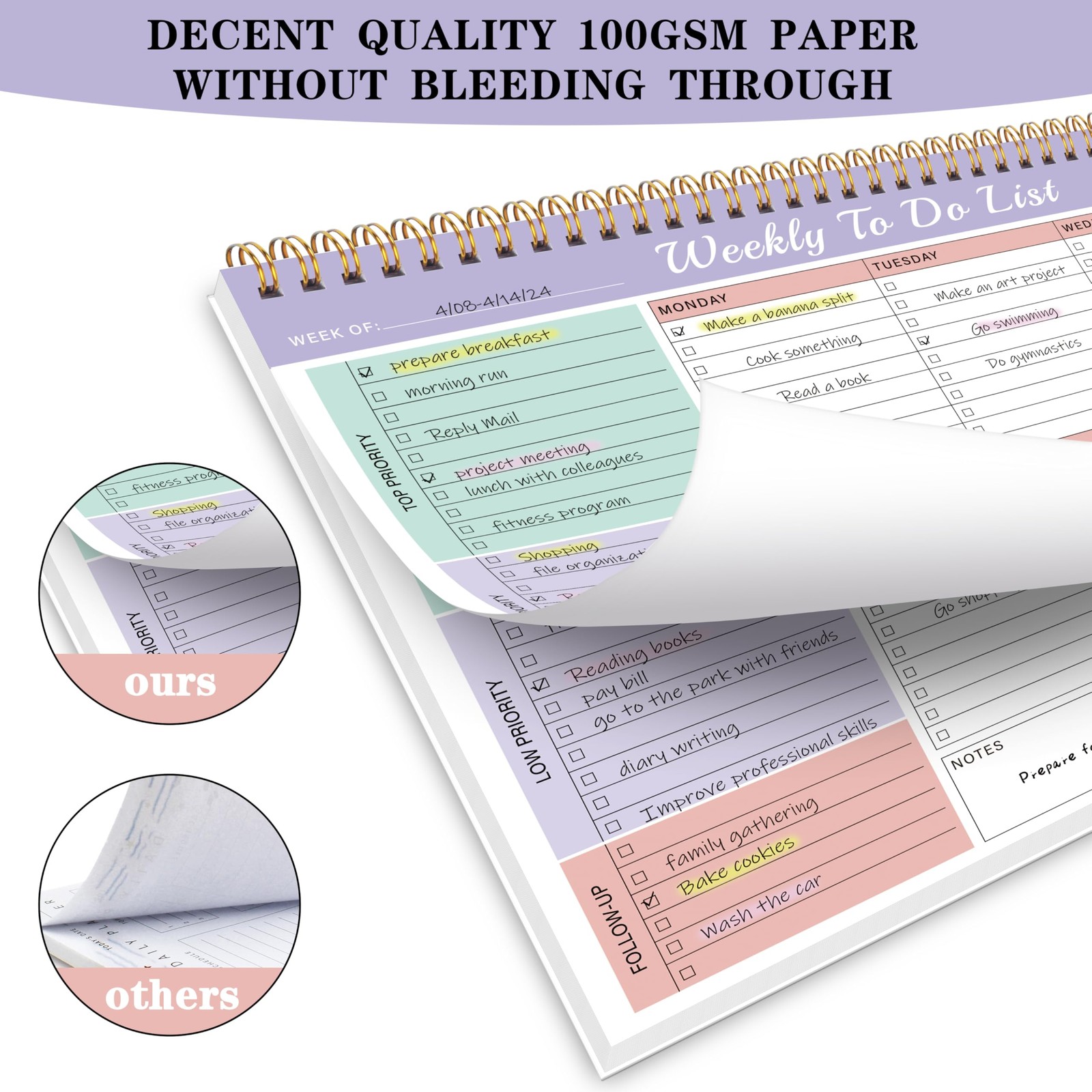 Kamoy Weekly To Do List Notepad with 52 Undated Violet Dream