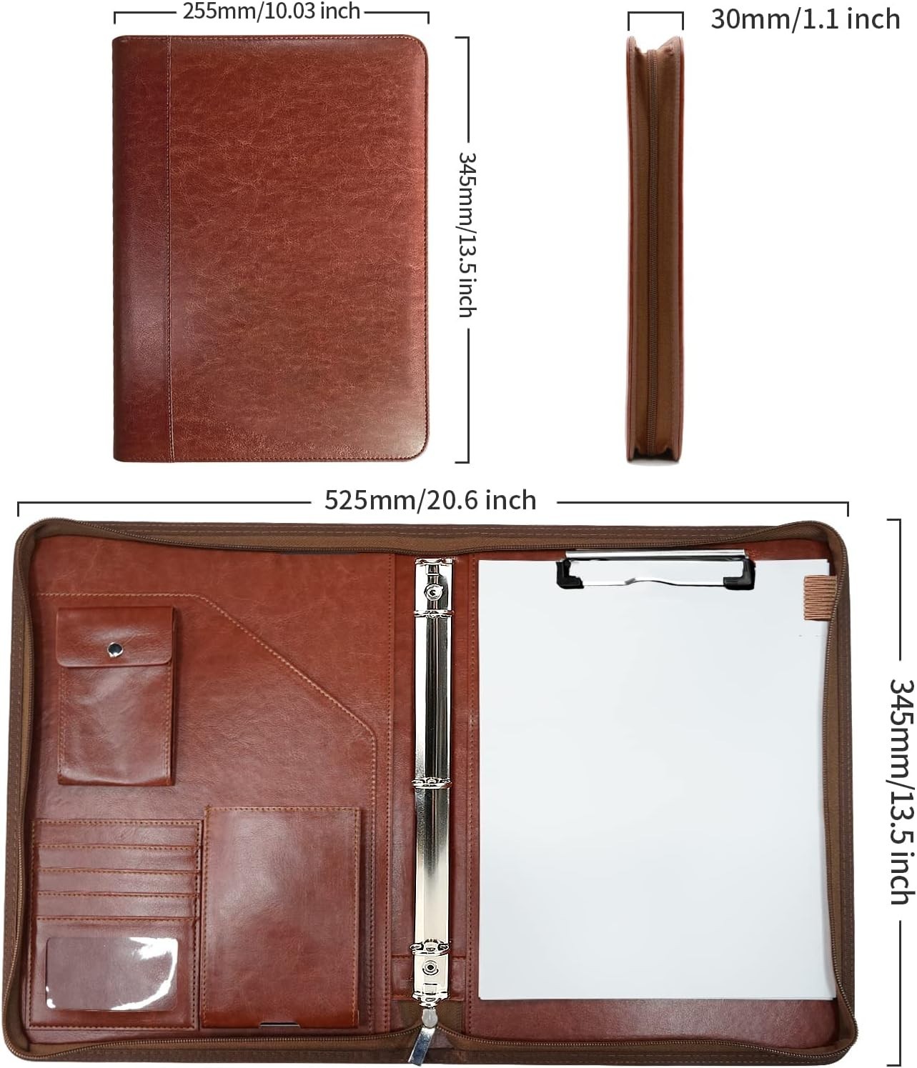 Zippered Portfolio Organizer, Leather Padfolio with 3 Ring Binder, Profession…