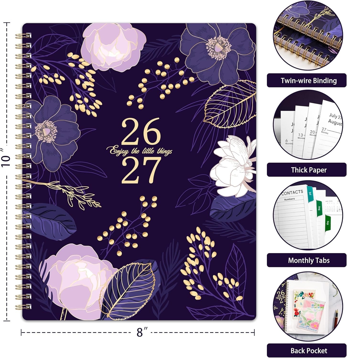 Elegant 2026-2027 Academic Planner | Twin-Wire Binding & Back Pocket | Purple