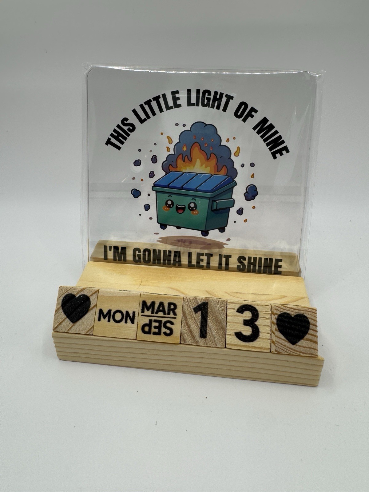 Dumpster Fire Desk Calendar Wood Block Perpetual Acrylic Funny Coworker Gift
