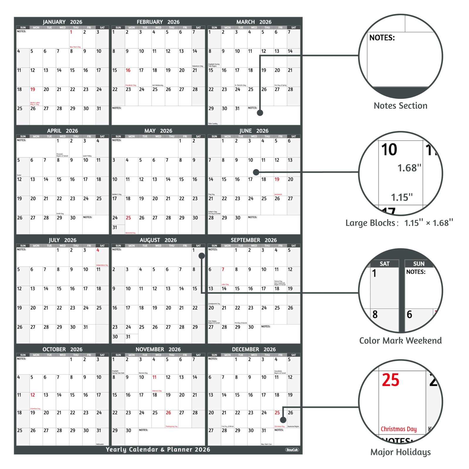 Yearly Wall Calendar 2026 – Large 2026 Vetical, Jan 2026 -…