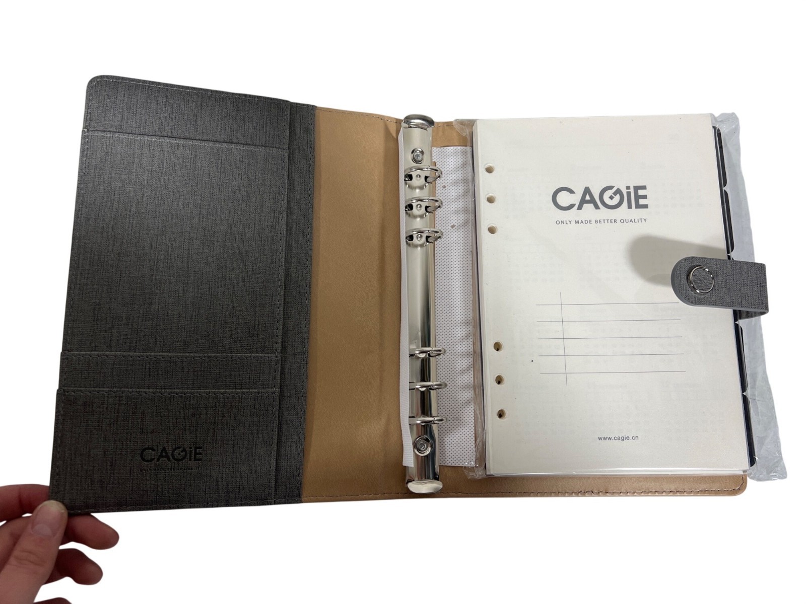 Cagie A5 Grey Linen 6-Ring Binder Planner With Snap Closure